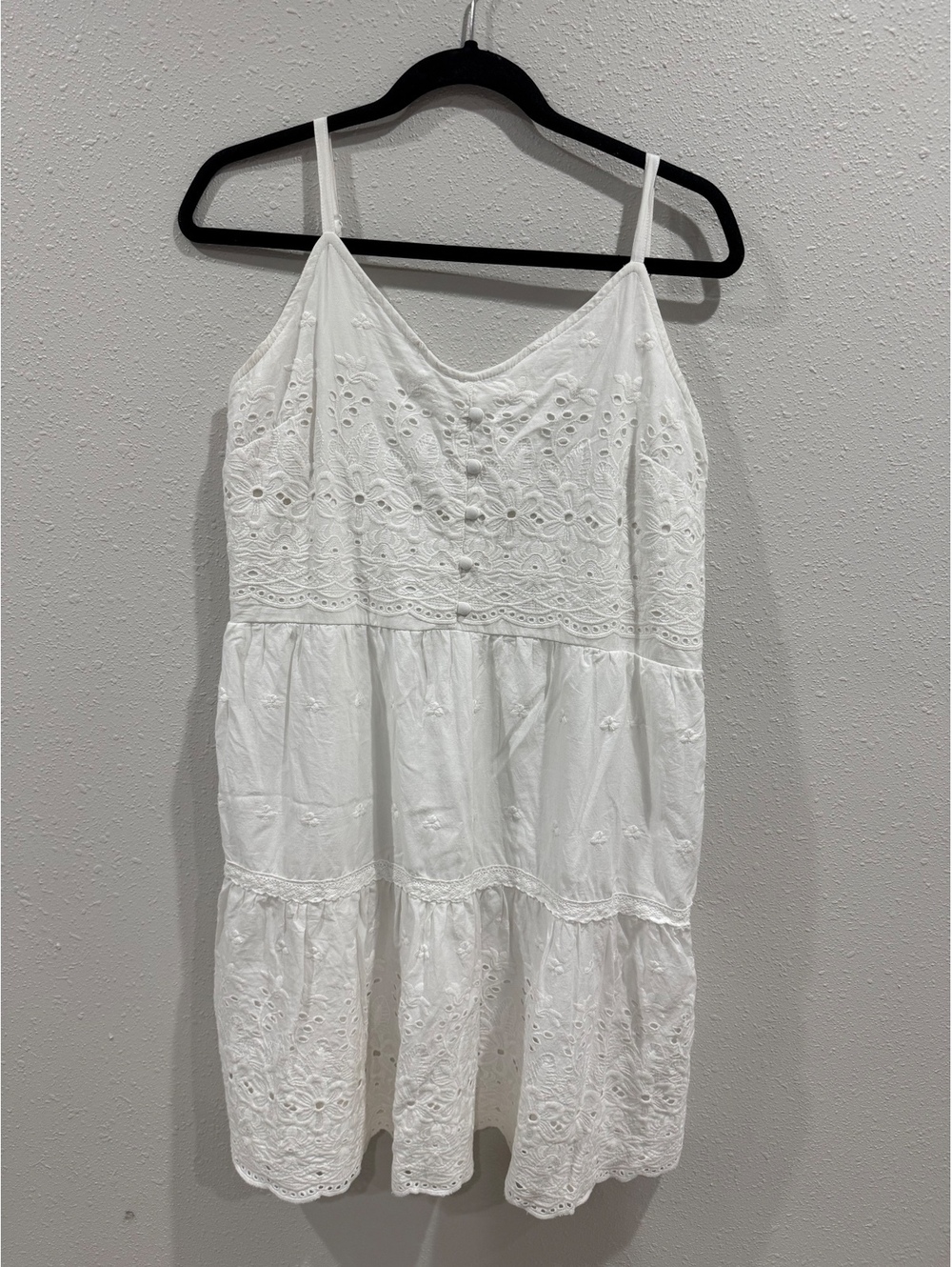 Maurices White Eyelet Lace Sundress Women’s L Embroidered Tiered Boho Mini Dress